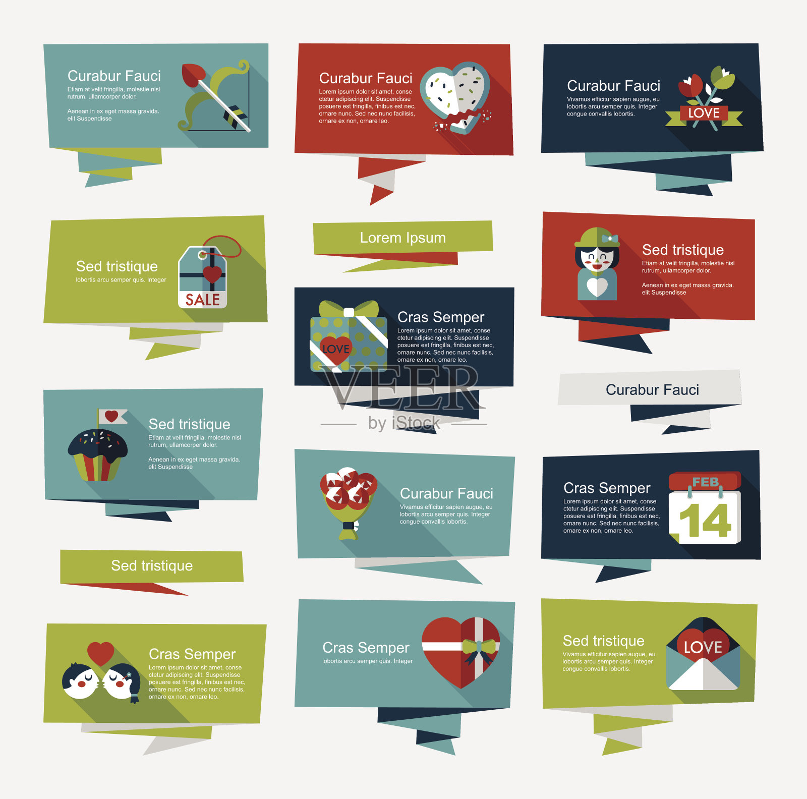 Valentineâs Day横幅平面设计背景集，eps10插画图片素材