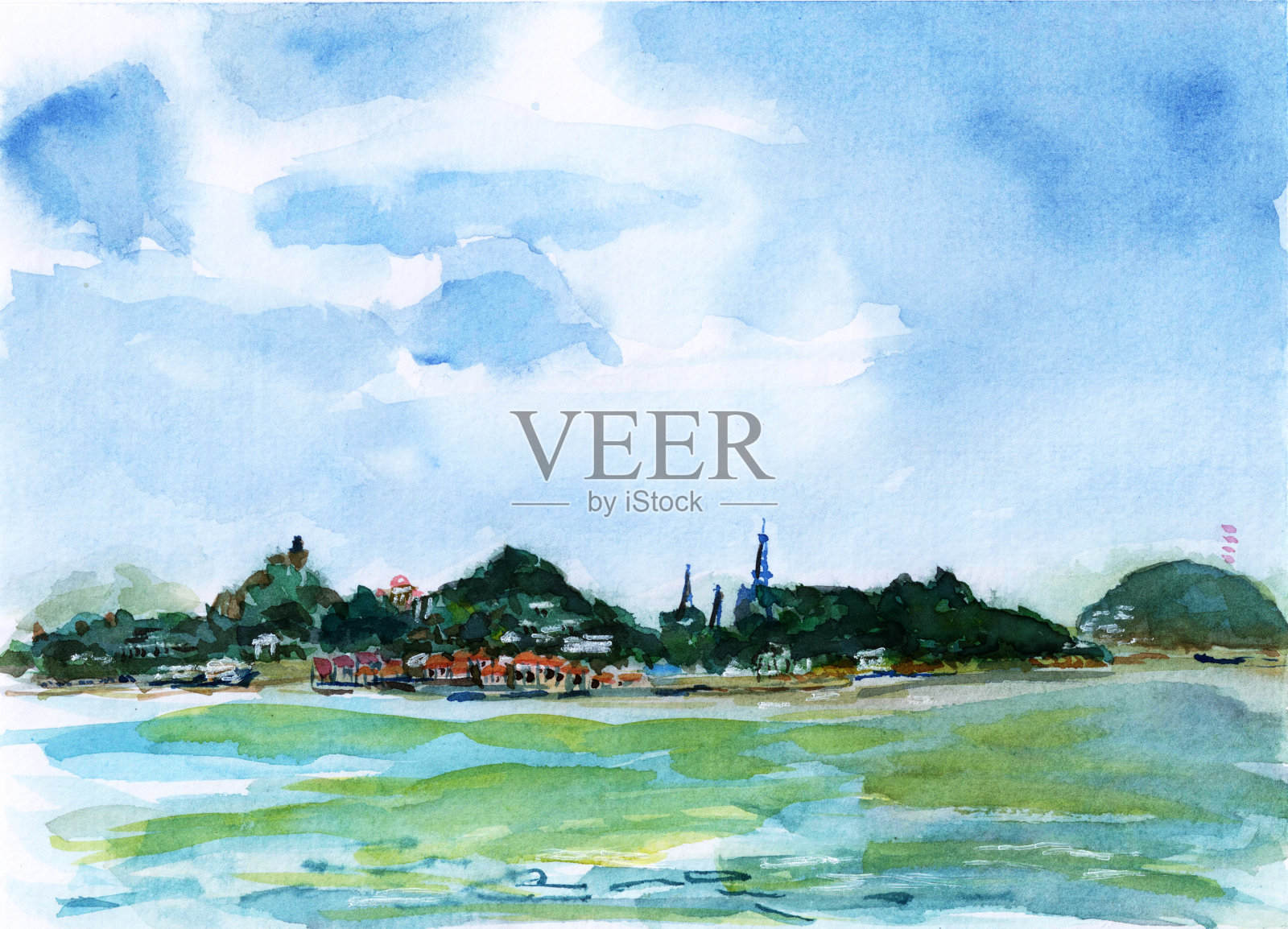 厦门鼓浪屿水彩画插画图片素材