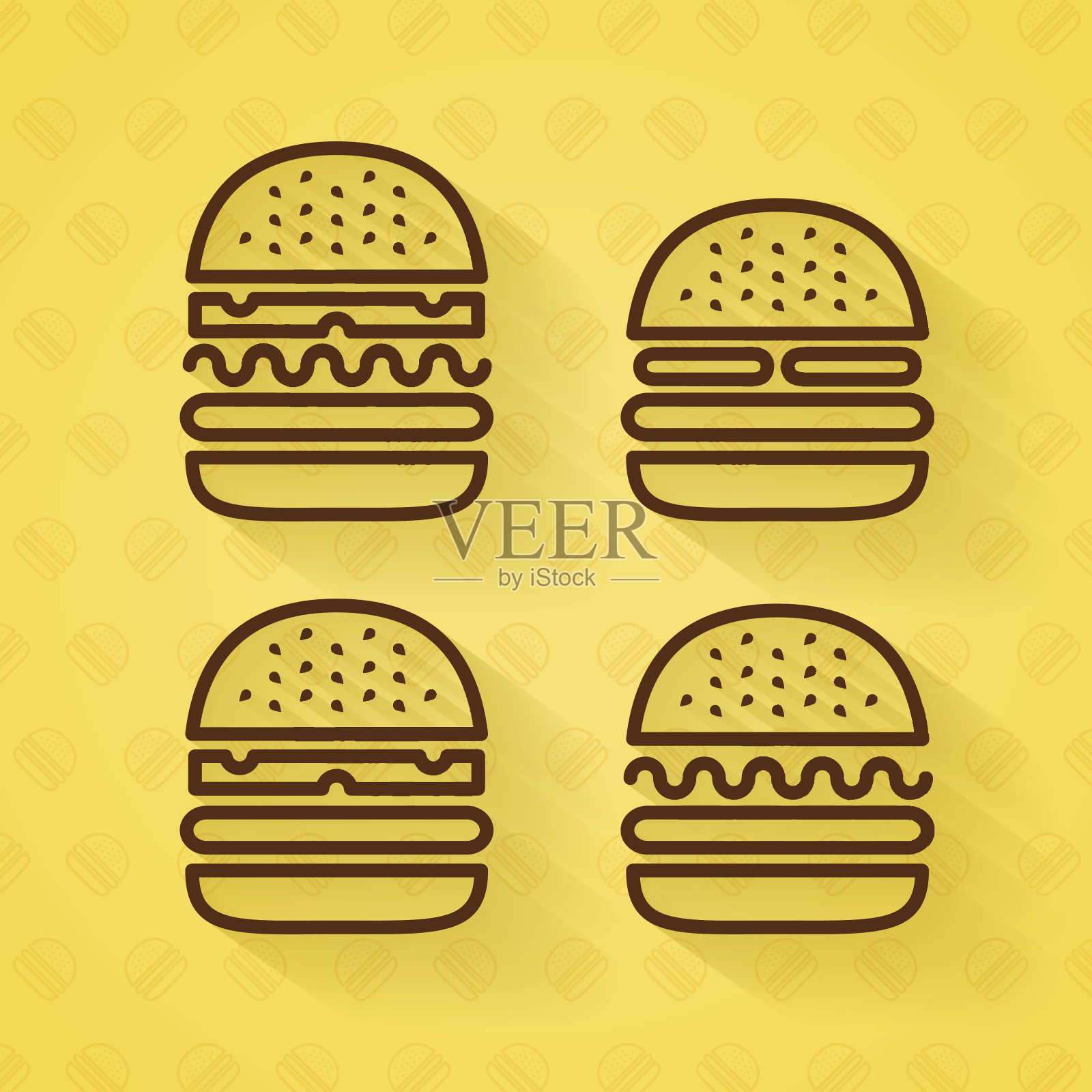 汉堡图标在黄色背景与汉堡模式插画图片素材