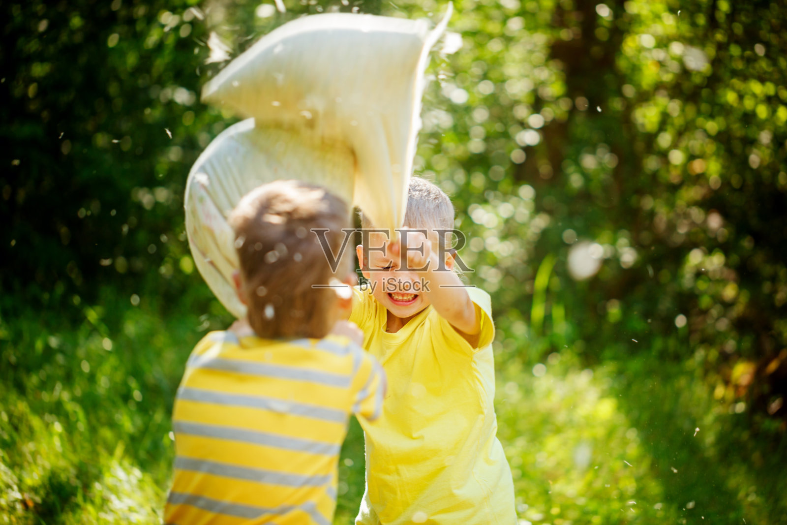 在阳光明媚的夏日花园里，孩子们抱着枕头一起打架照片摄影图片