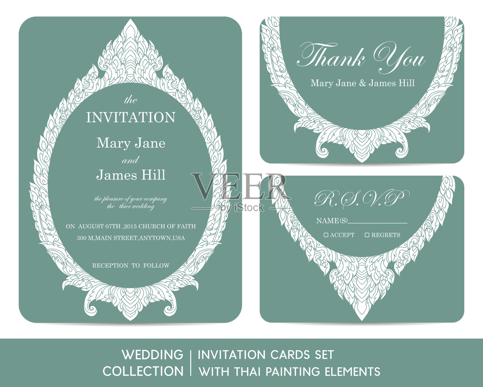 婚礼邀请卡设置与泰国绘画元素设计模板素材