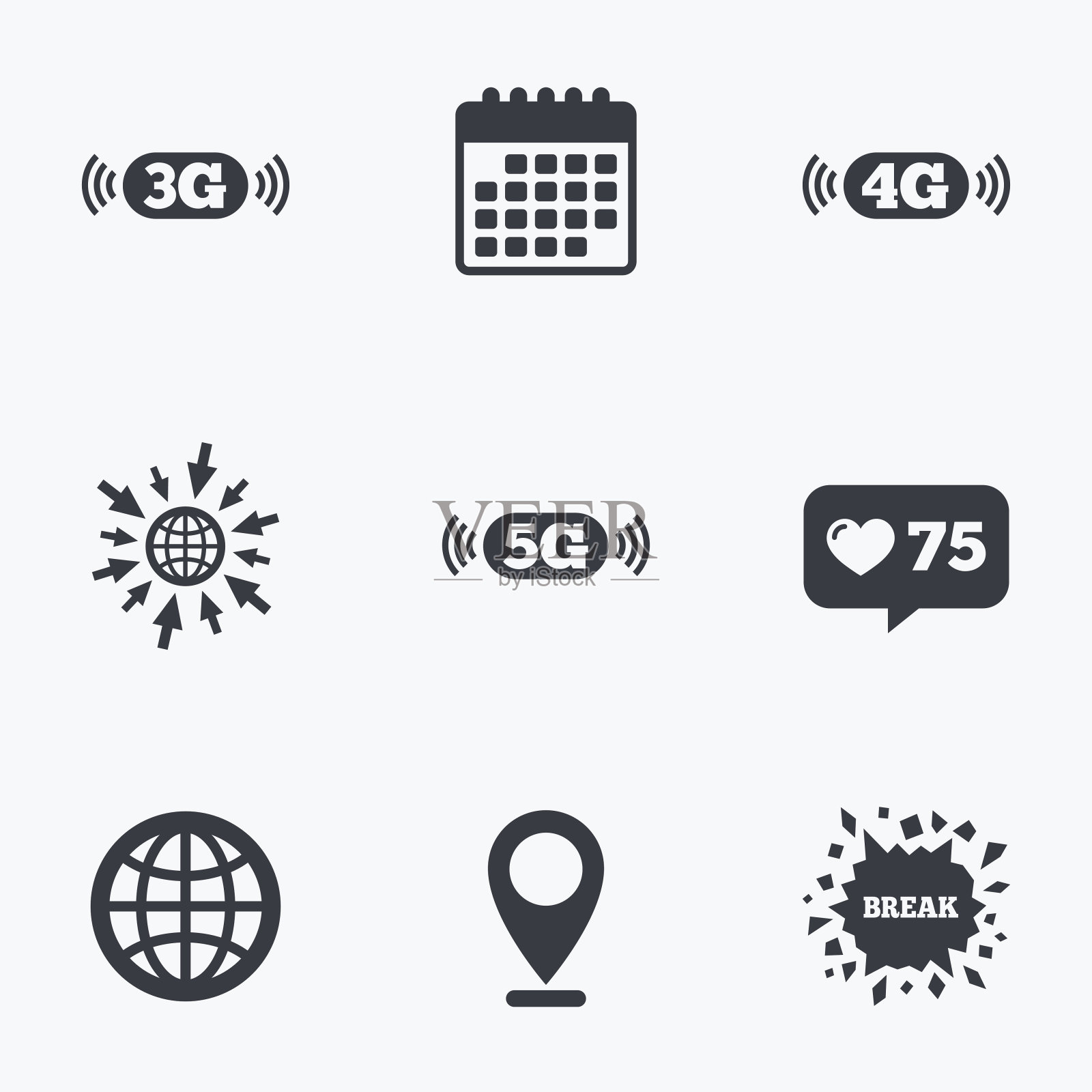 移动电信图标。3G, 4G和5G。图标素材