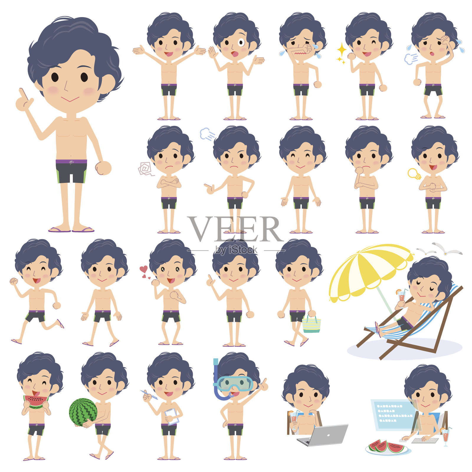 烫发男子紫色泳装风格插画图片素材