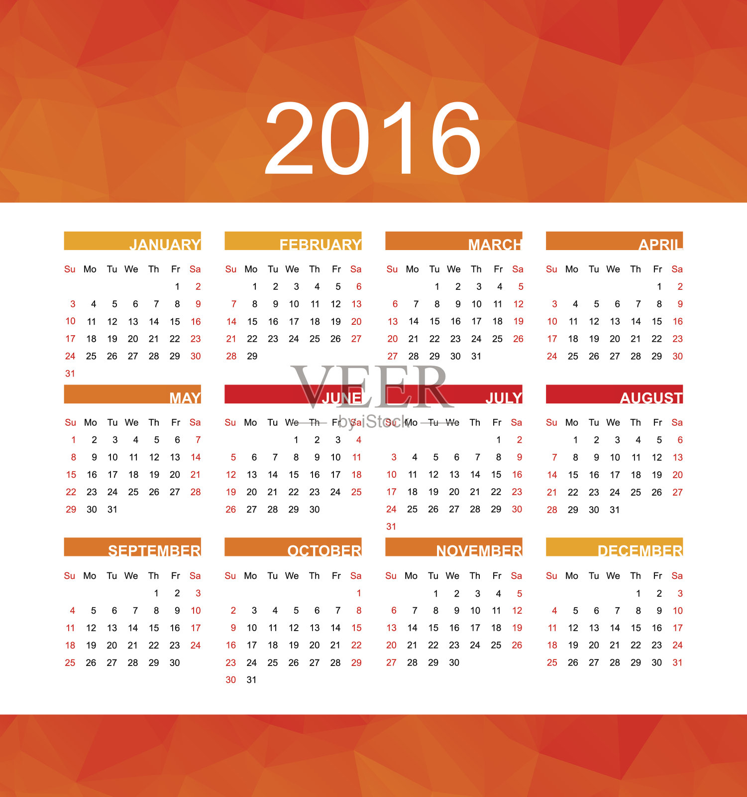 橙色的2016年日历设计模板素材