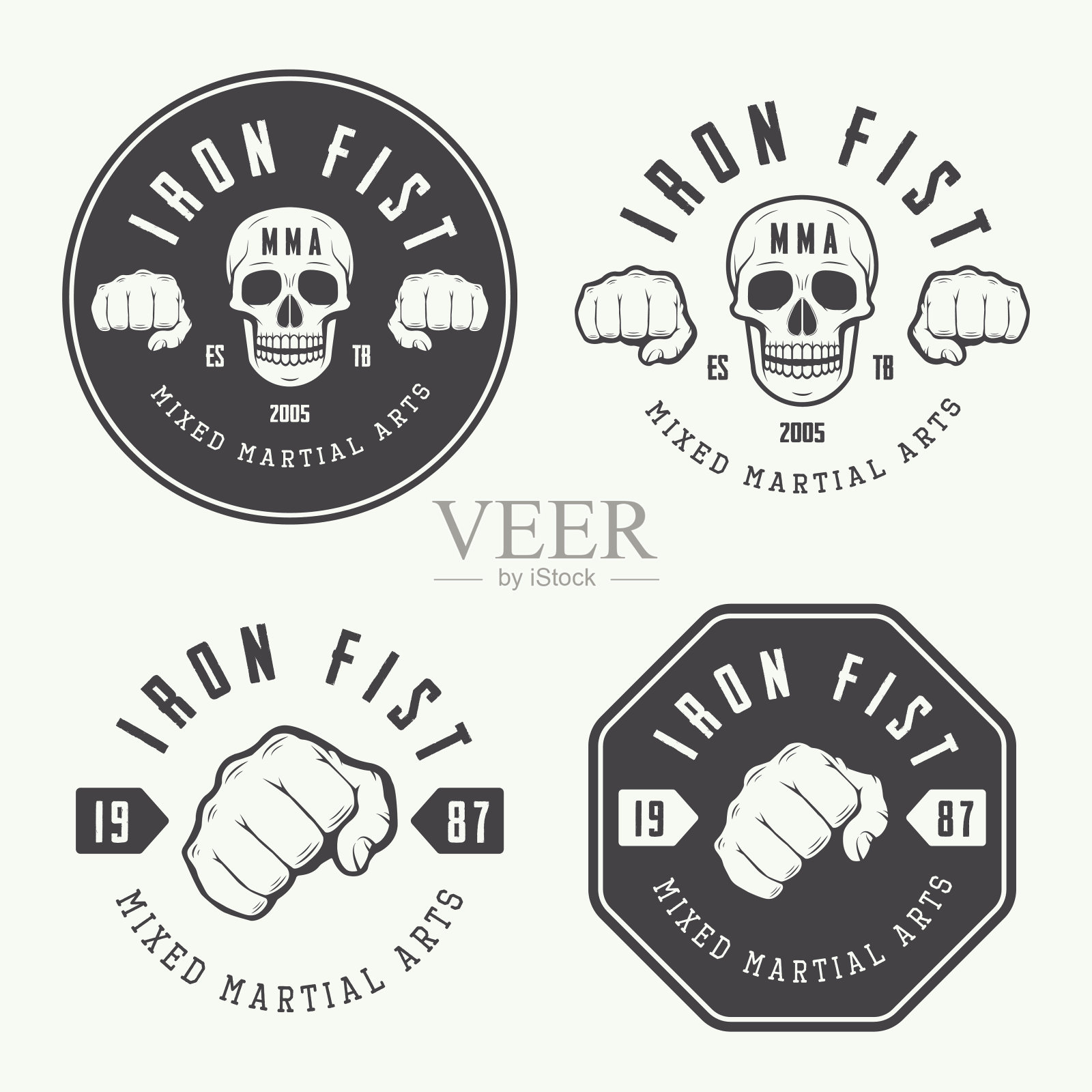 一套复古混合武术标志，徽章和标志。插画图片素材