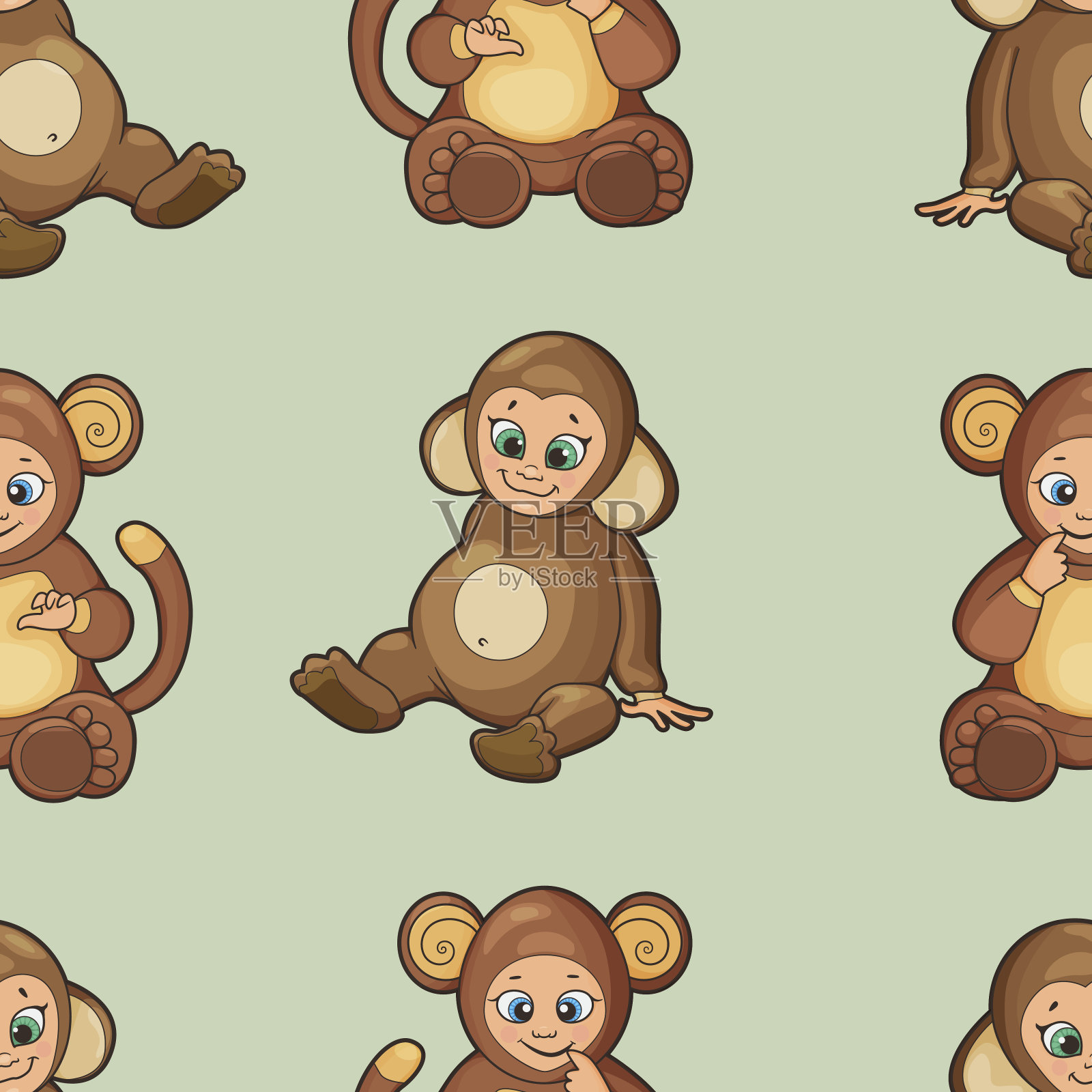 无缝背景与婴儿打扮成猴子插画图片素材