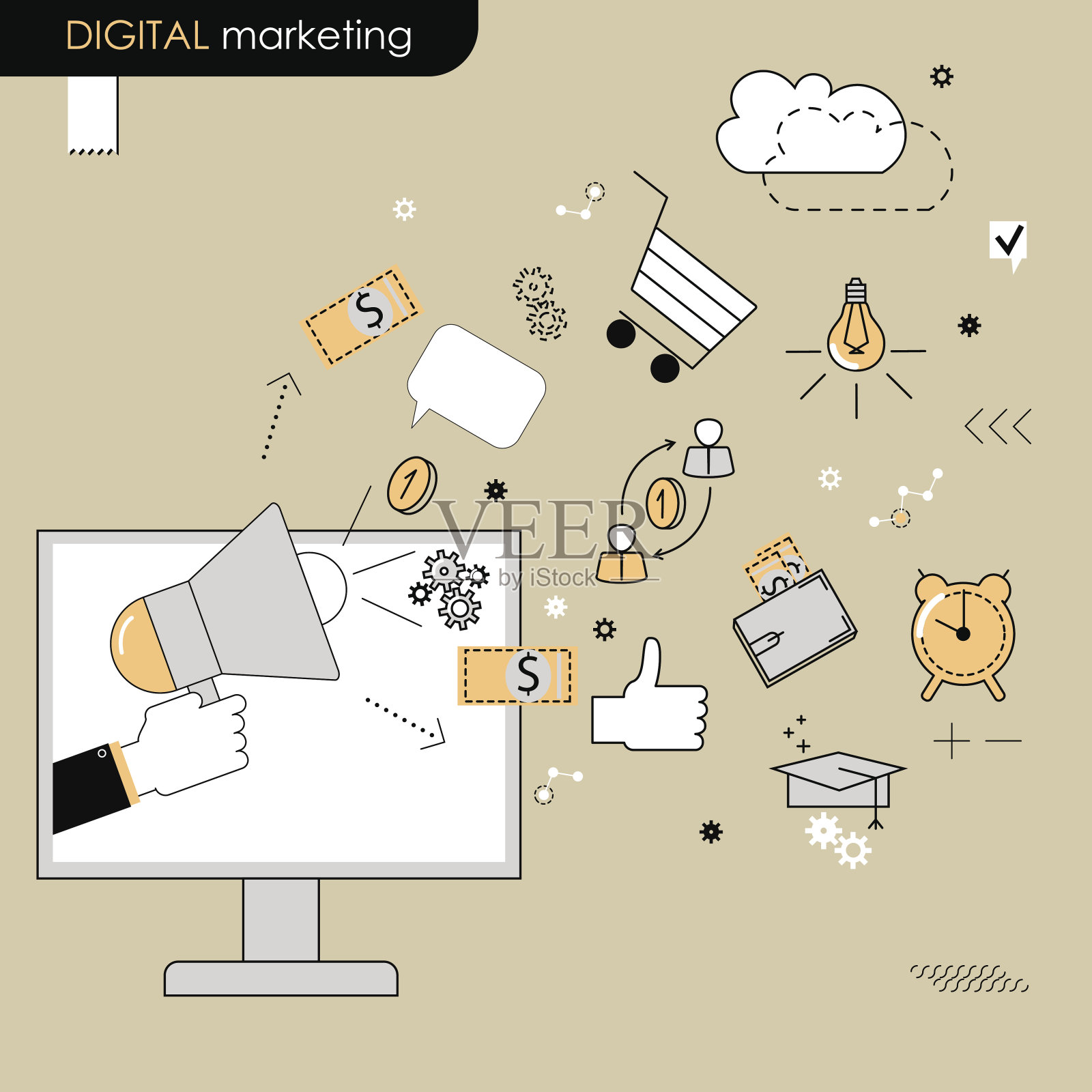 数字营销的概念。拿着扩音器的手。向量平线插画图片素材