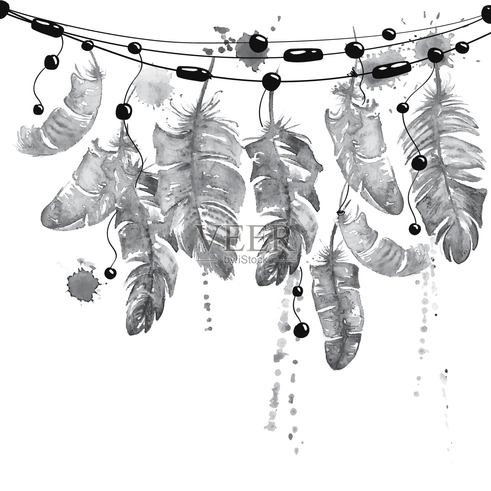 水彩画挂鸟羽毛。插画图片素材