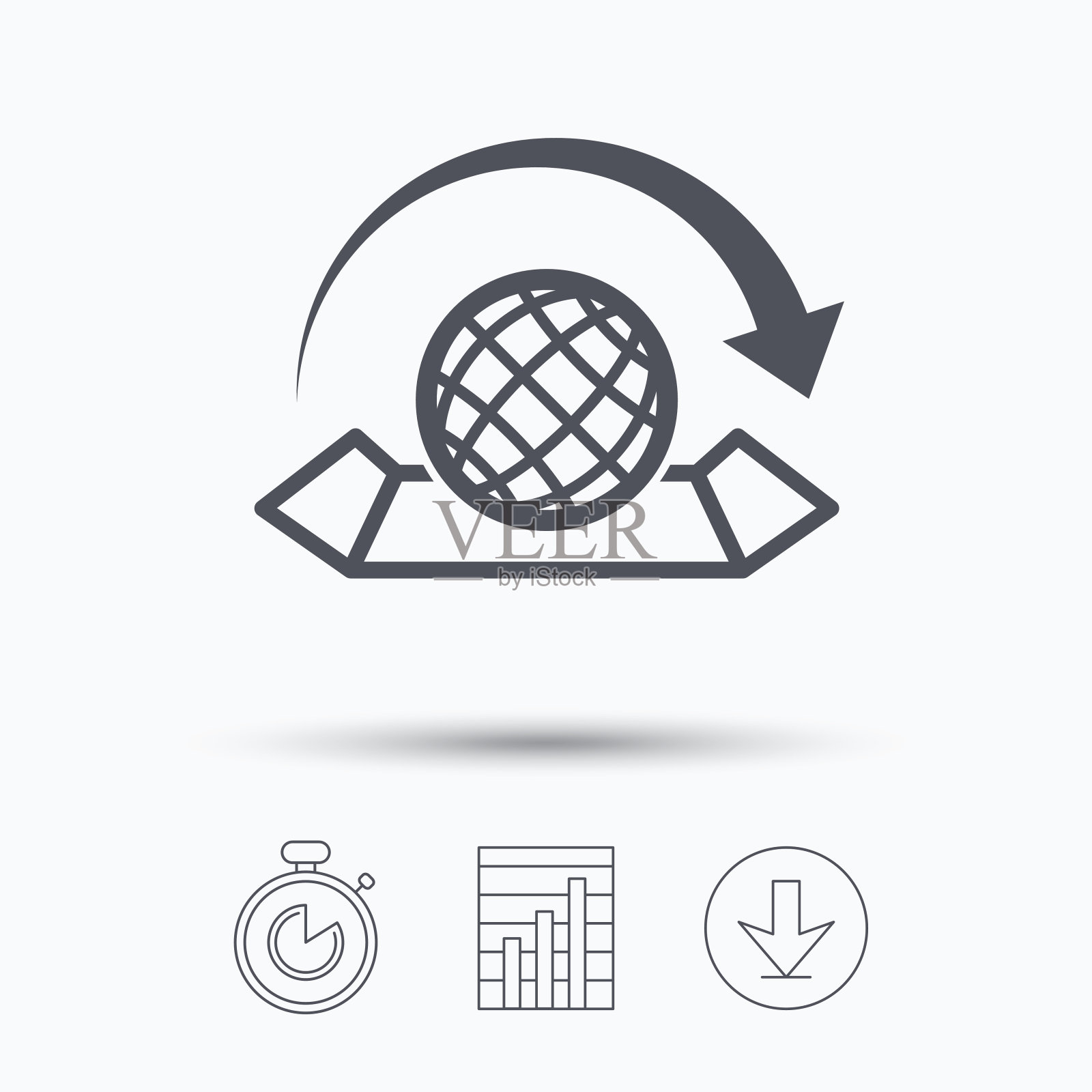 世界地图图标。带箭头的地球仪。图标素材