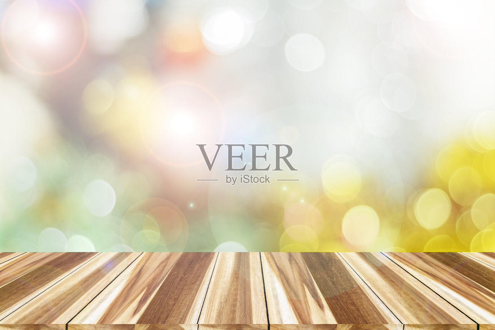 木桌或柜台的空顶抽象的圆形散景照片摄影图片