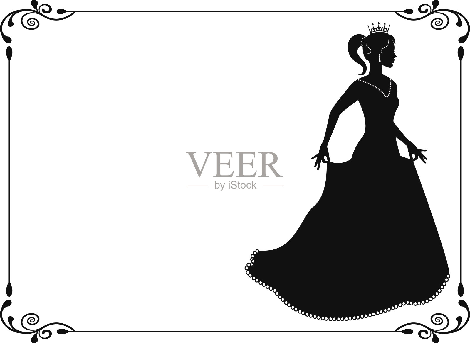 公主剪影在长连衣裙和复古的框架插画图片素材