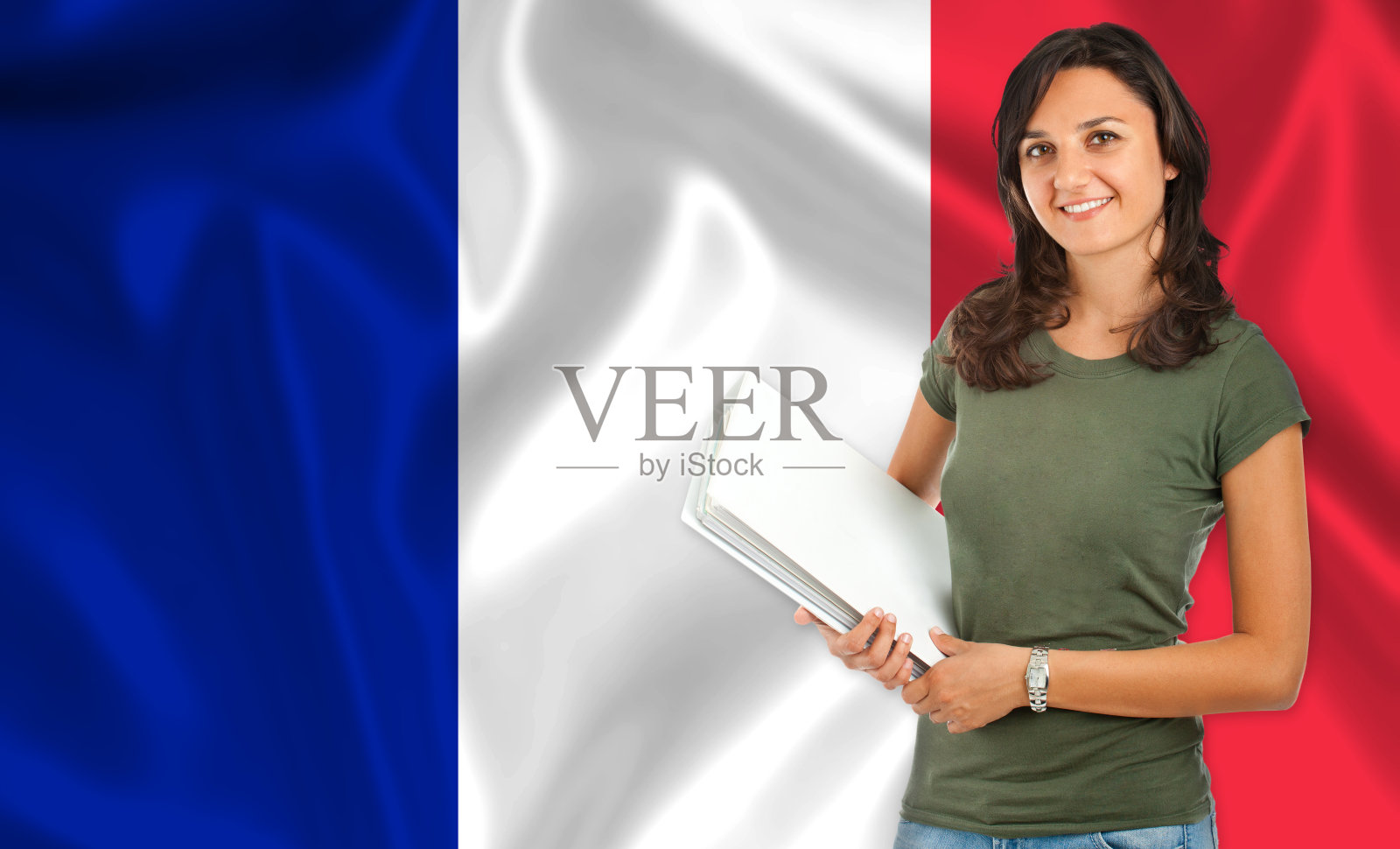 女学生与法国国旗照片摄影图片