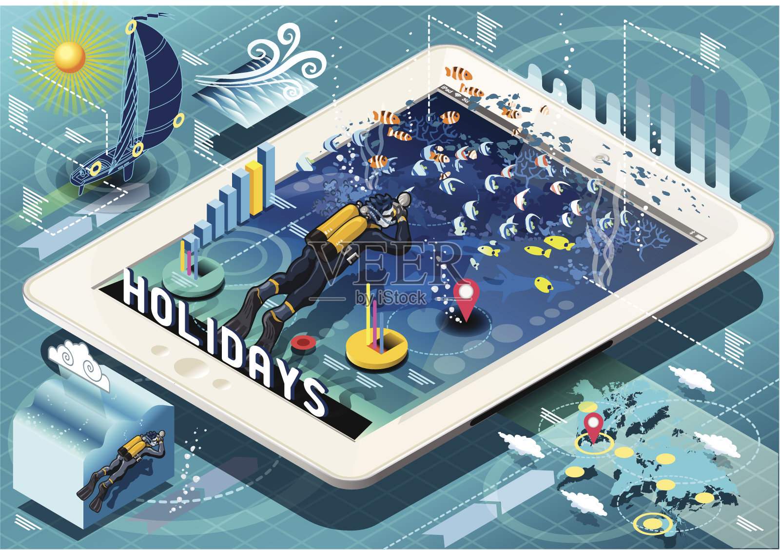 平板电脑上的等距潜水假期信息图插画图片素材