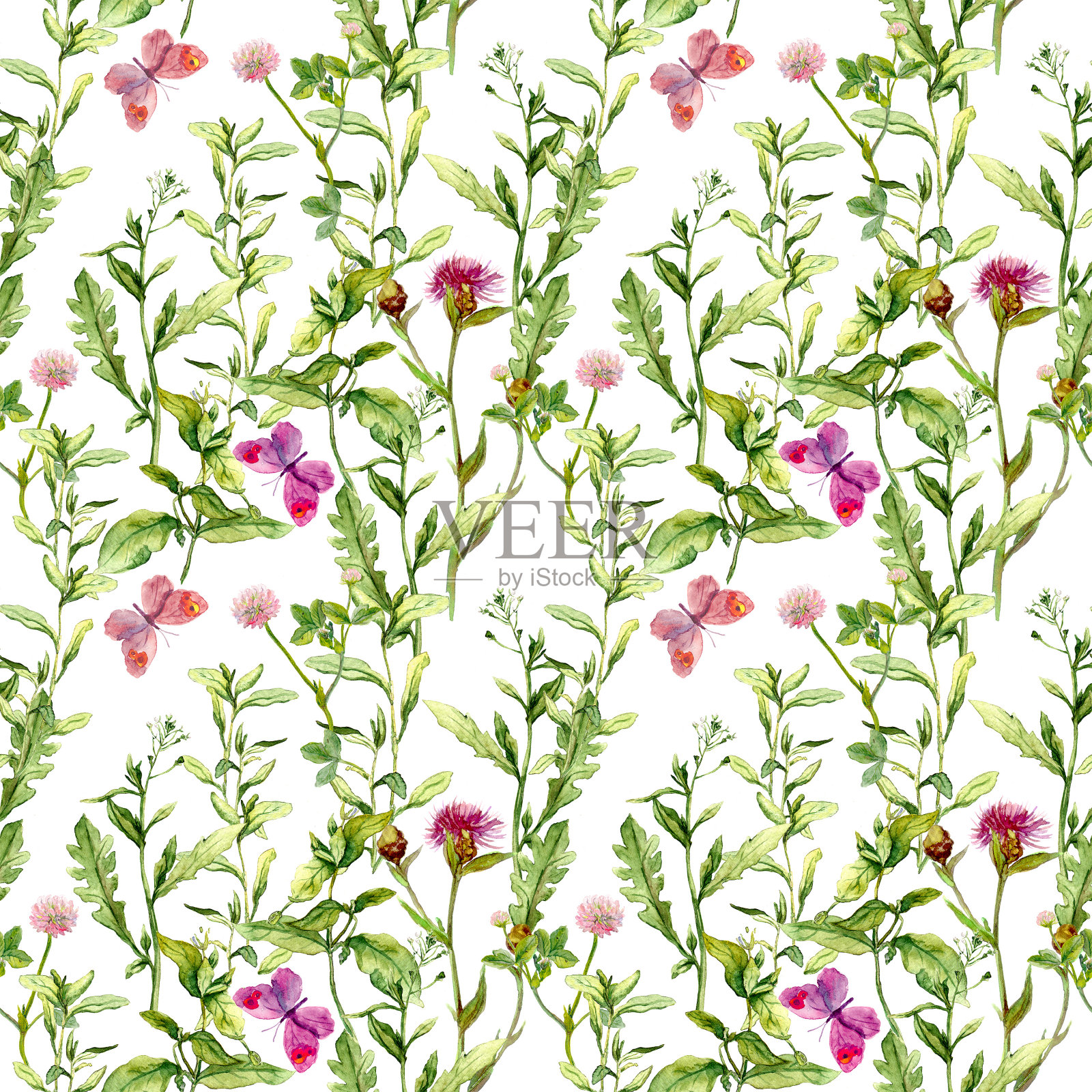 春天的草地:草，花和蝴蝶。水彩重复模式插画图片素材