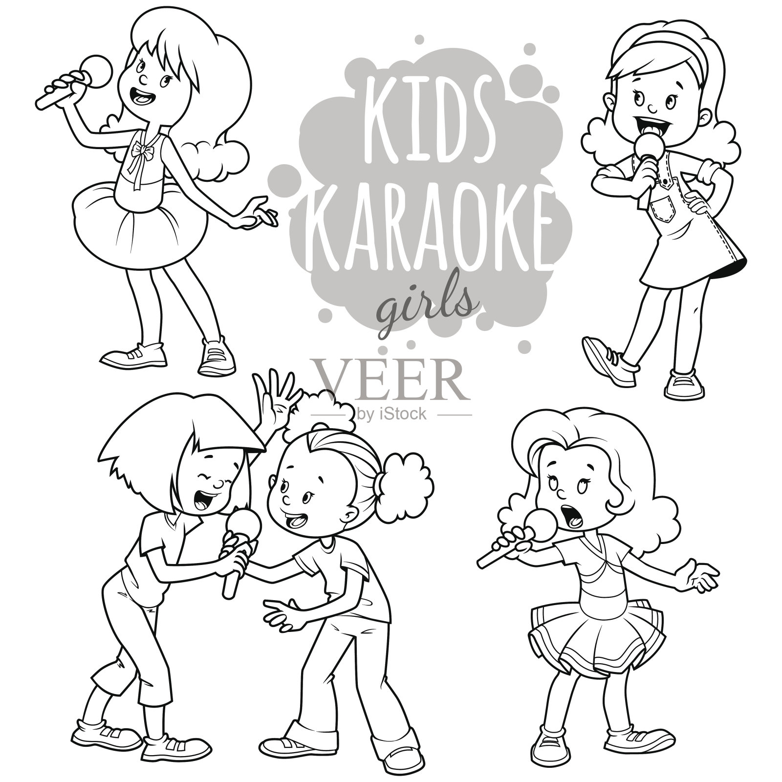 卡通儿童用麦克风唱歌。大纲设计元素图片