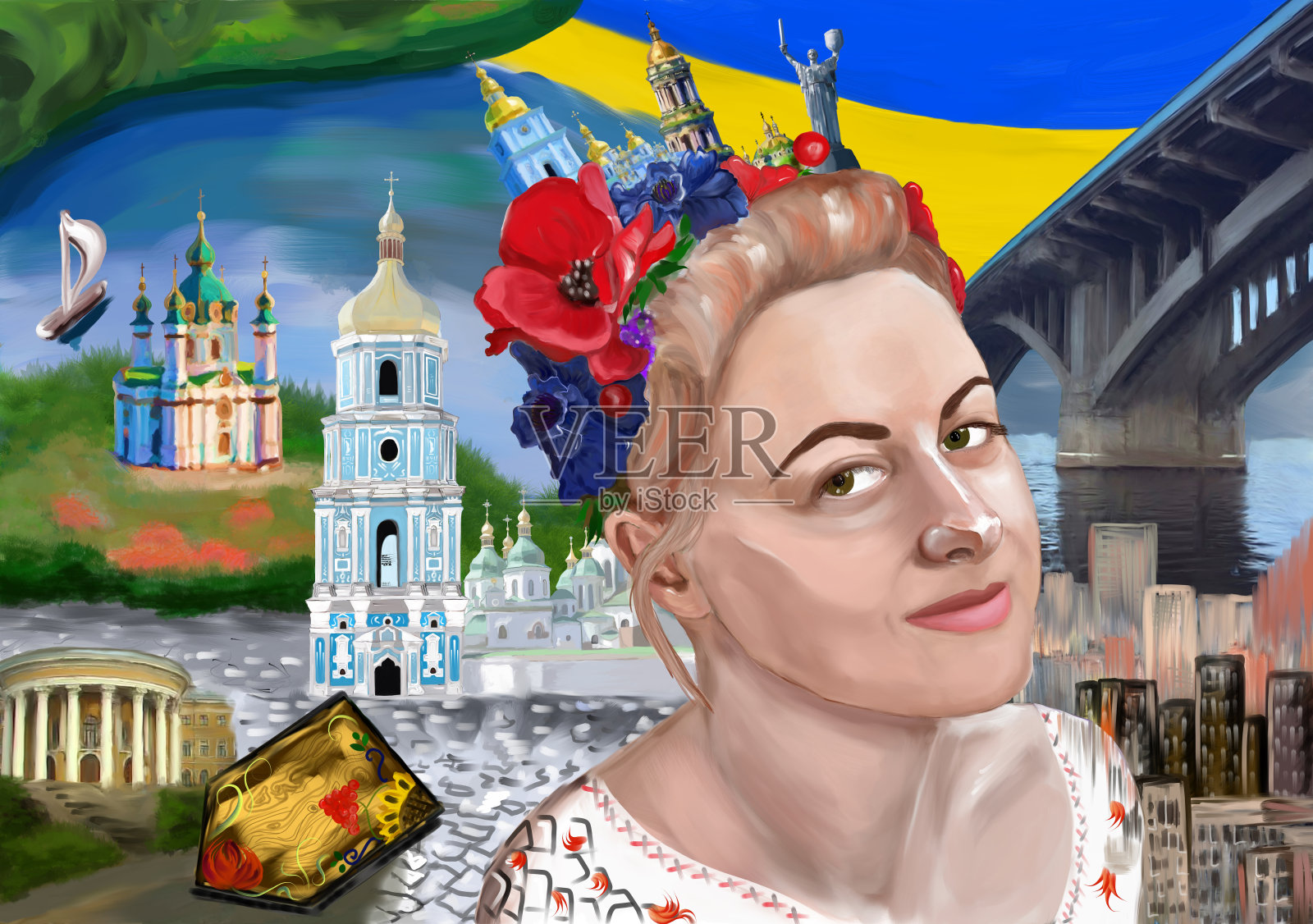 基辅(乌克兰)的地标，身着民族服装的乌克兰女孩插画图片素材