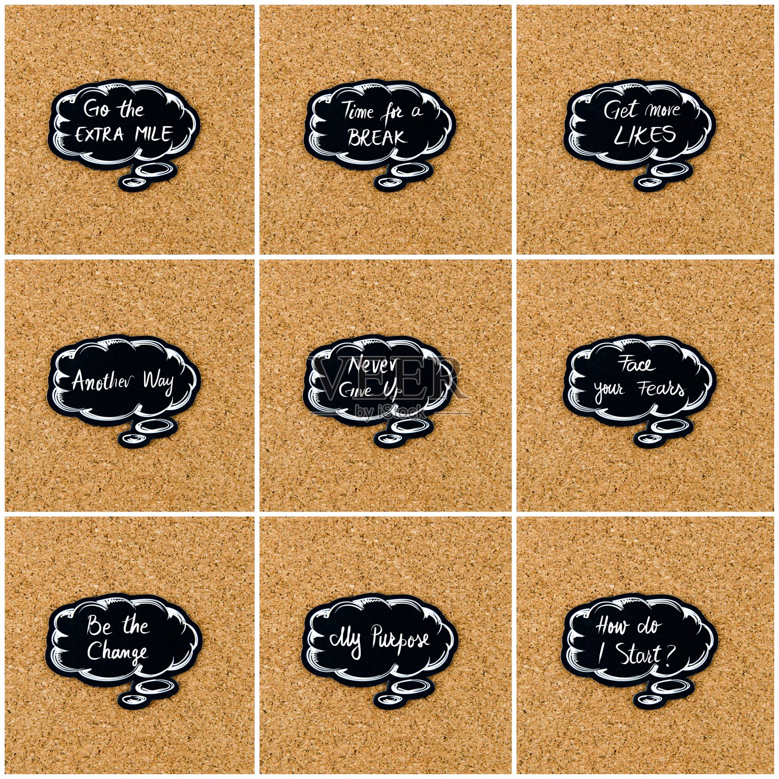 照片拼贴各种文字写在黑色的思考泡泡上照片摄影图片