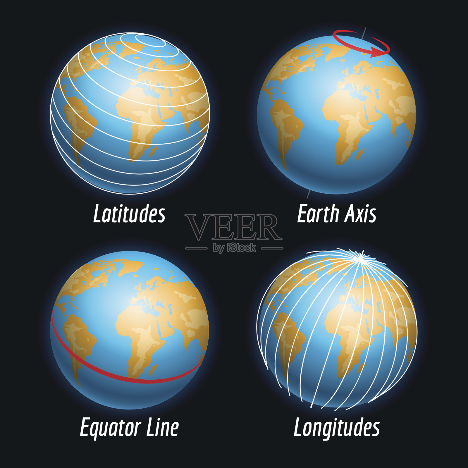 地球图标上有纬度经线插画图片素材