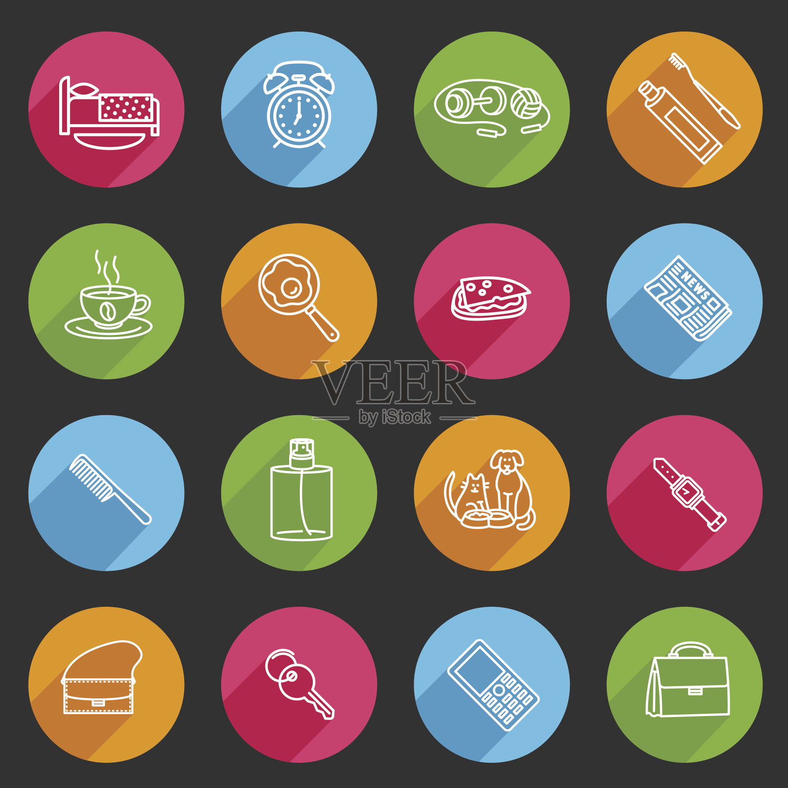 早....白色图标在彩色圈与lohg透明沙图标素材