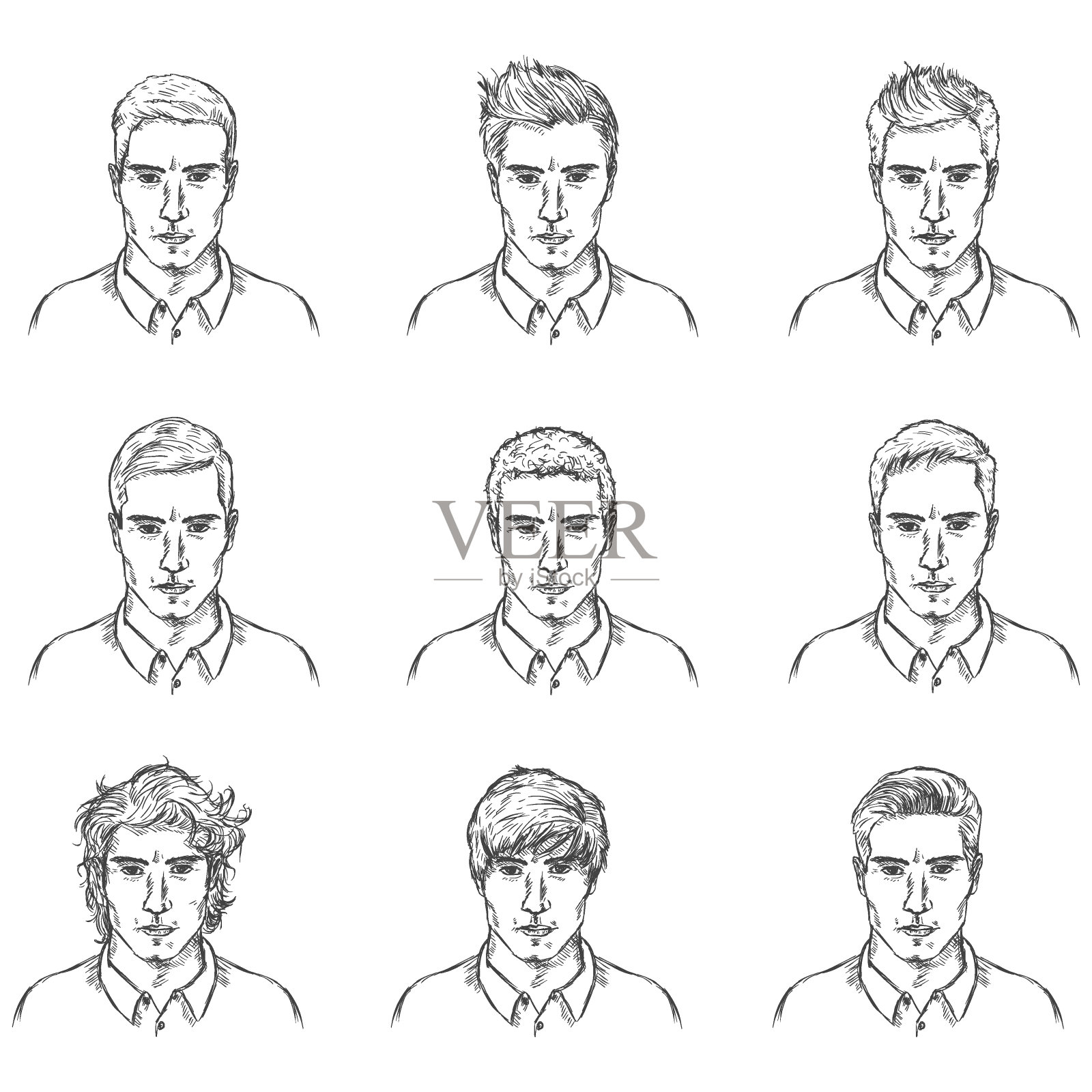 向量集素描男性面孔插画图片素材