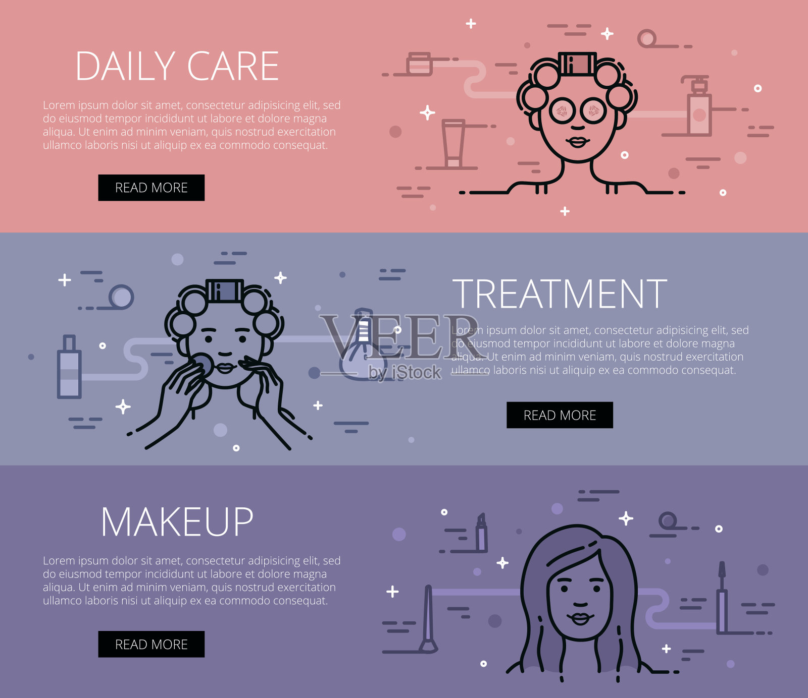 日常护理。治疗。化妆。直线矢量网页横幅设置插画图片素材