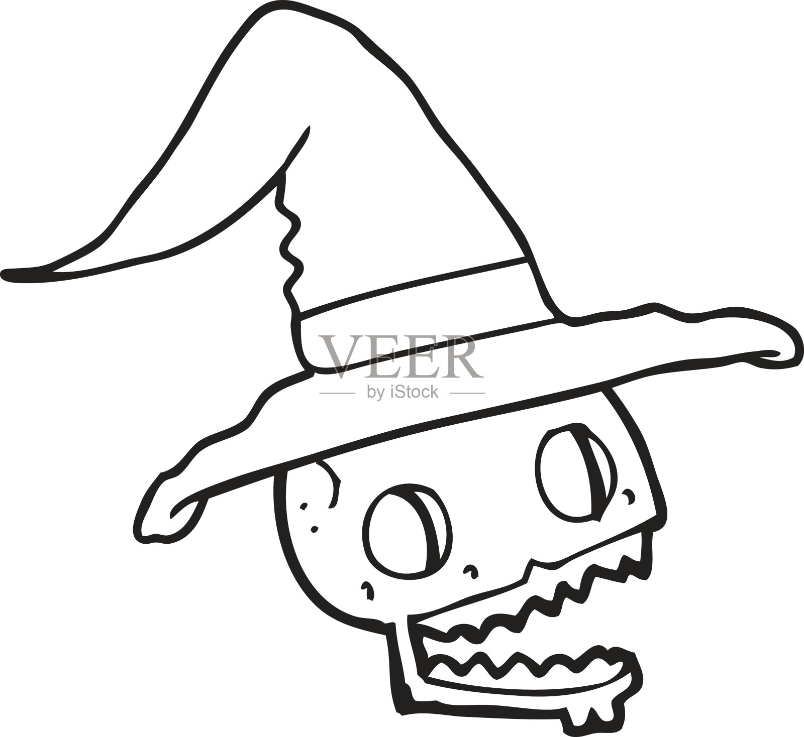 黑白卡通骷髅头戴女巫帽插画图片素材