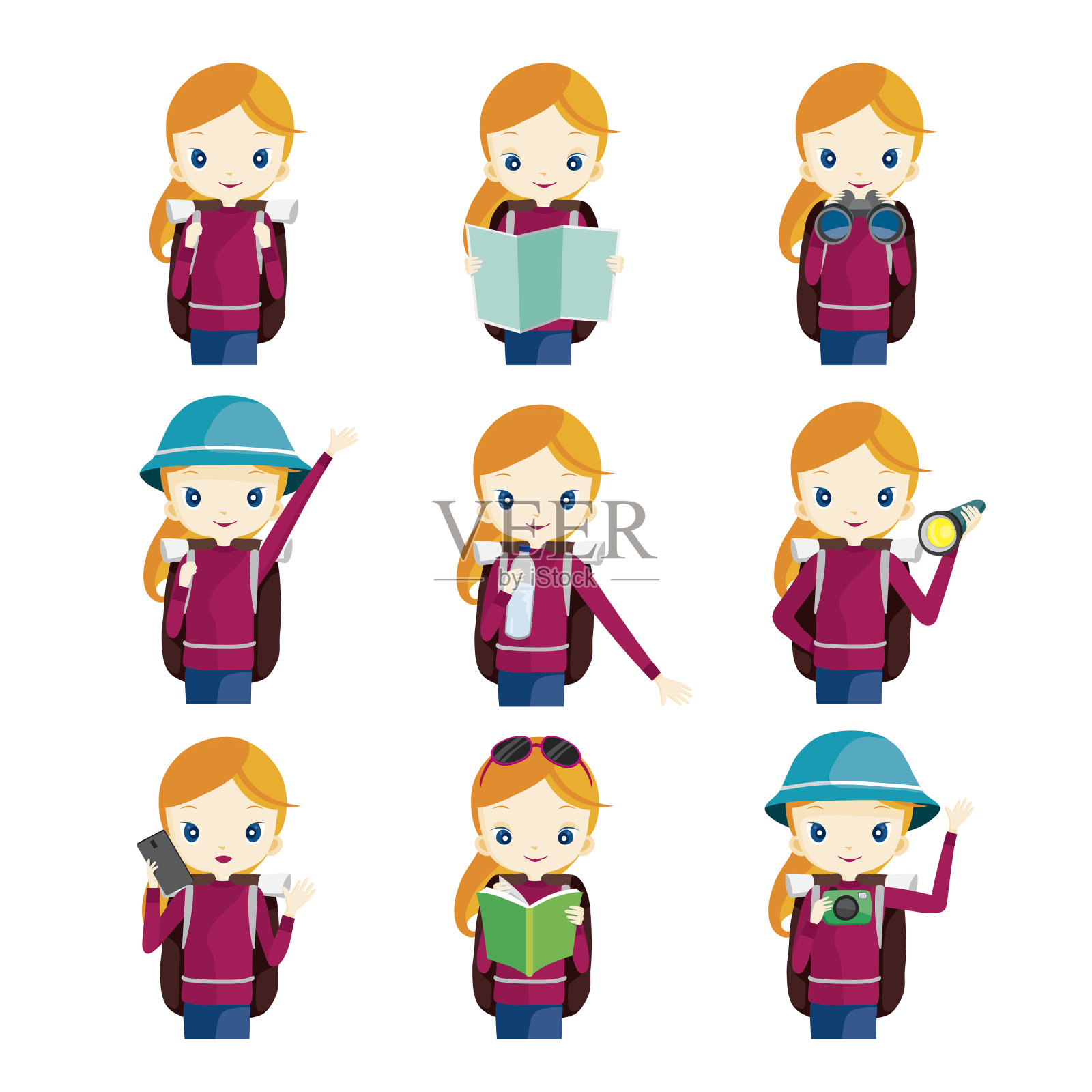 女孩旅行动作集插画图片素材