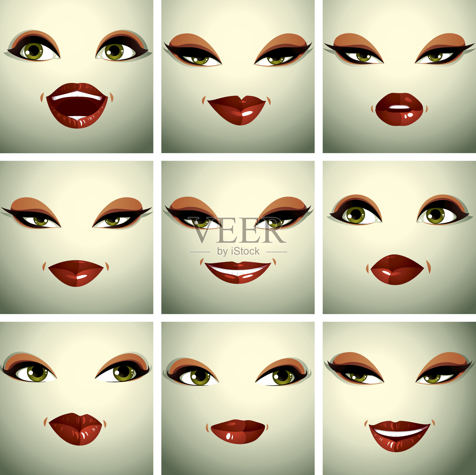 一套向量美丽的女性简单肖像与化妆插画图片素材