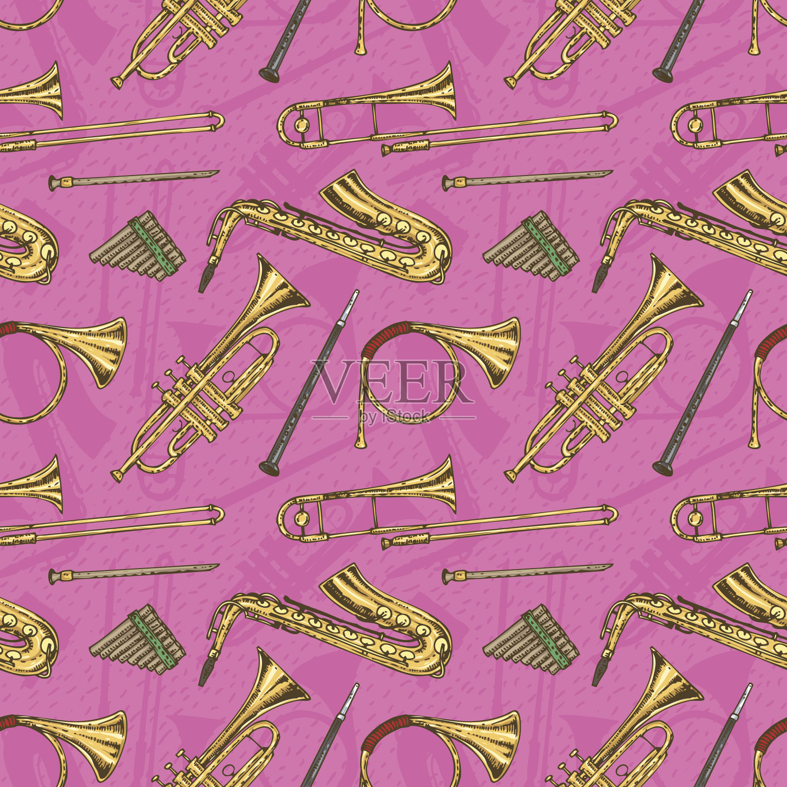 无缝模式与管乐器插画图片素材