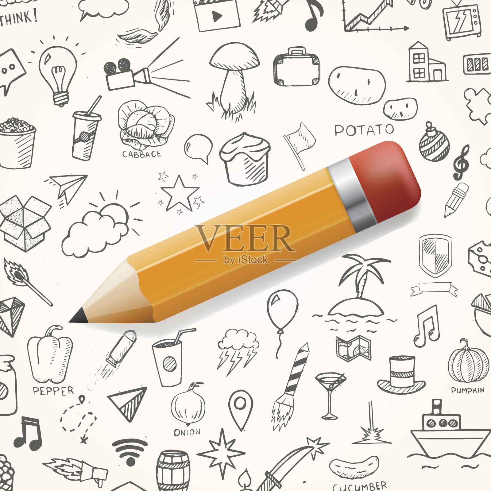 黄色铅笔与一组手绘图标插画图片素材