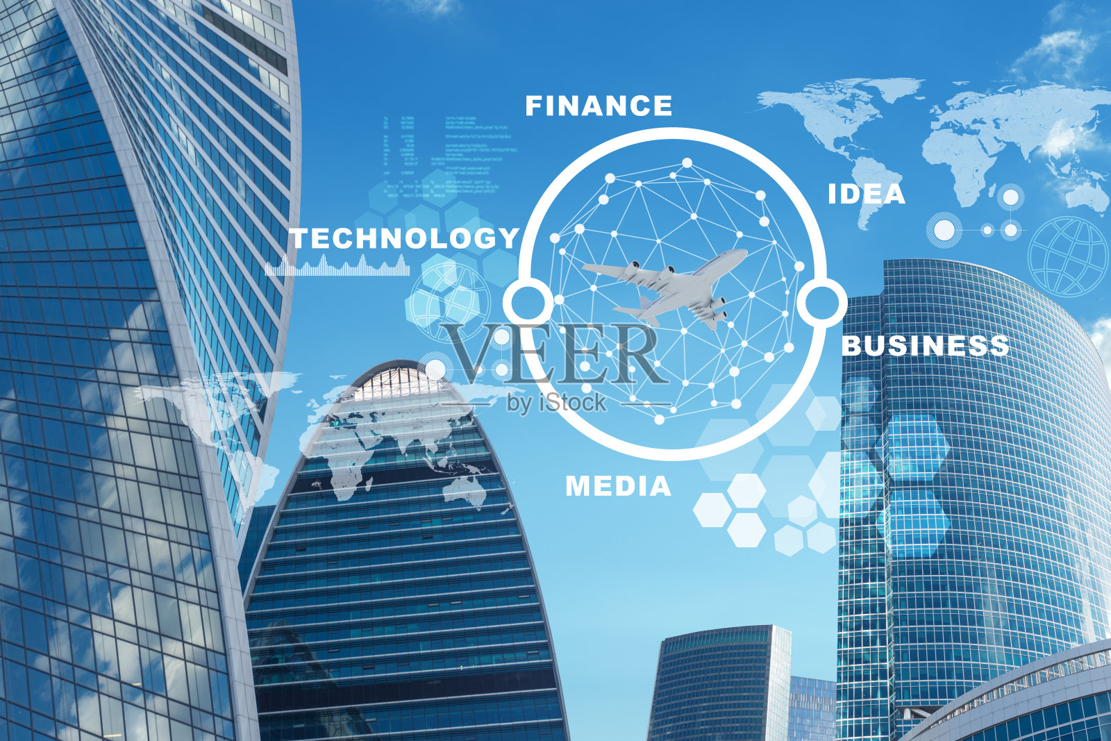 城市与喷气式飞机和商务词汇照片摄影图片