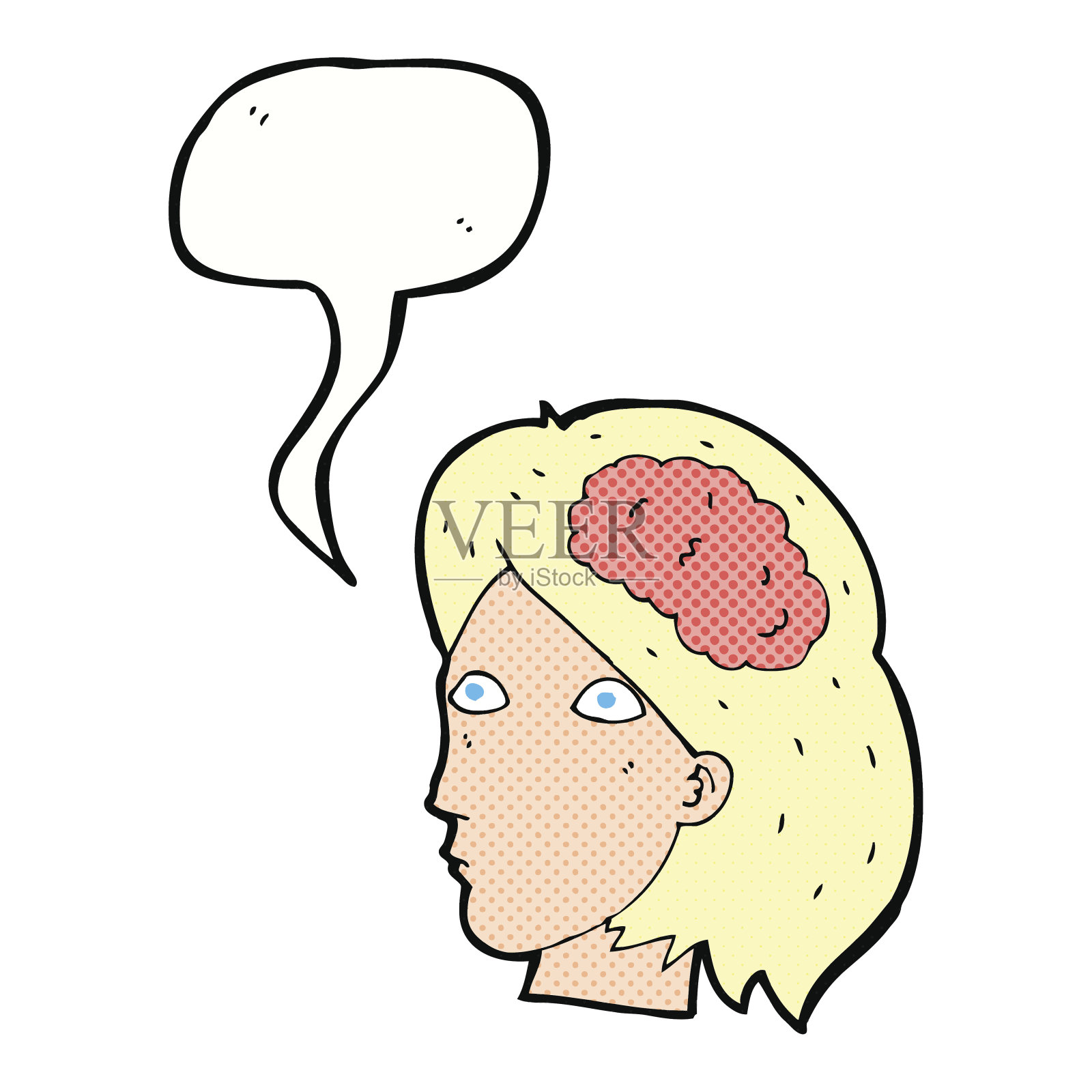 卡通女性头部带有脑符号和语音泡泡插画图片素材