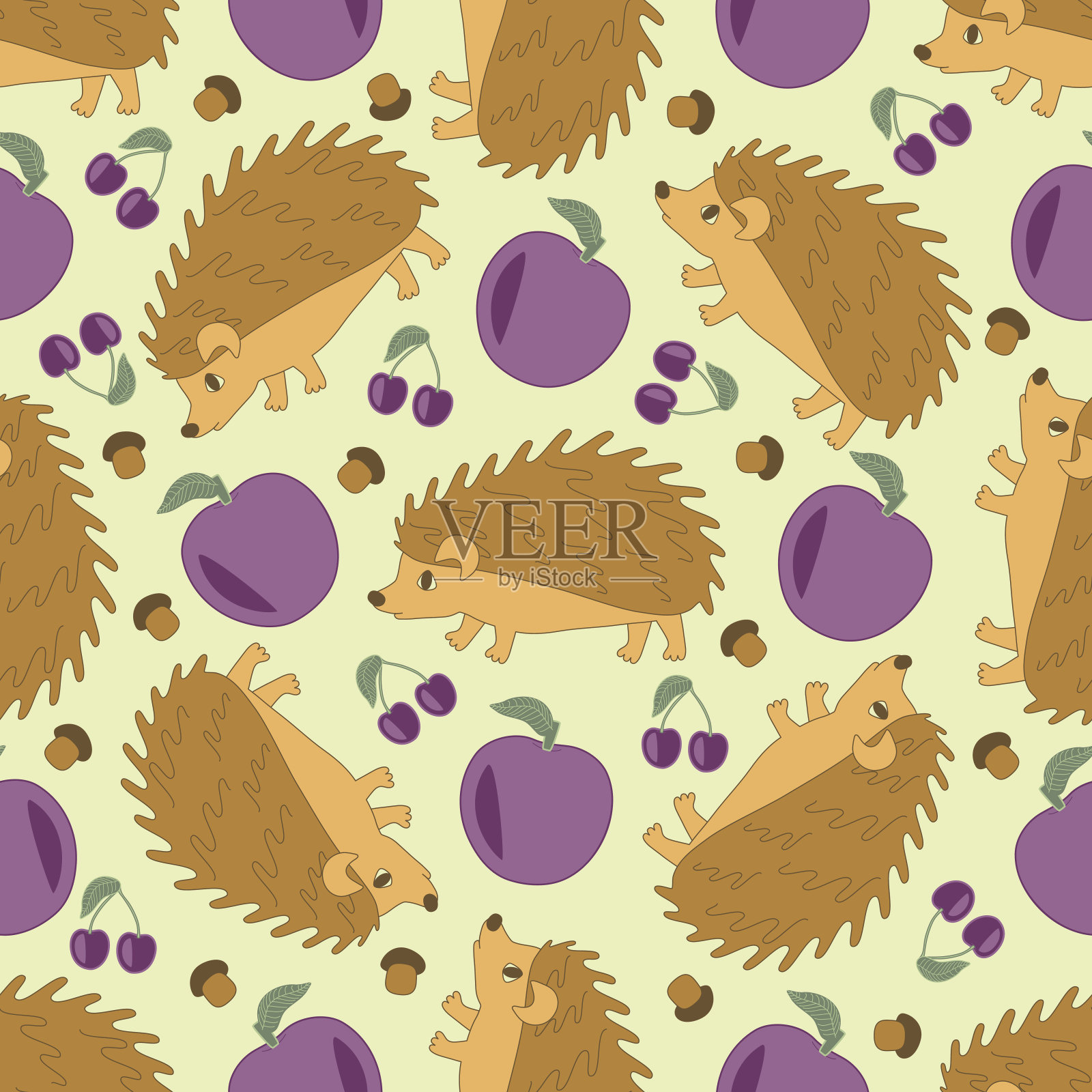 刺猬回到家，收集苹果、蘑菇和樱桃插画图片素材