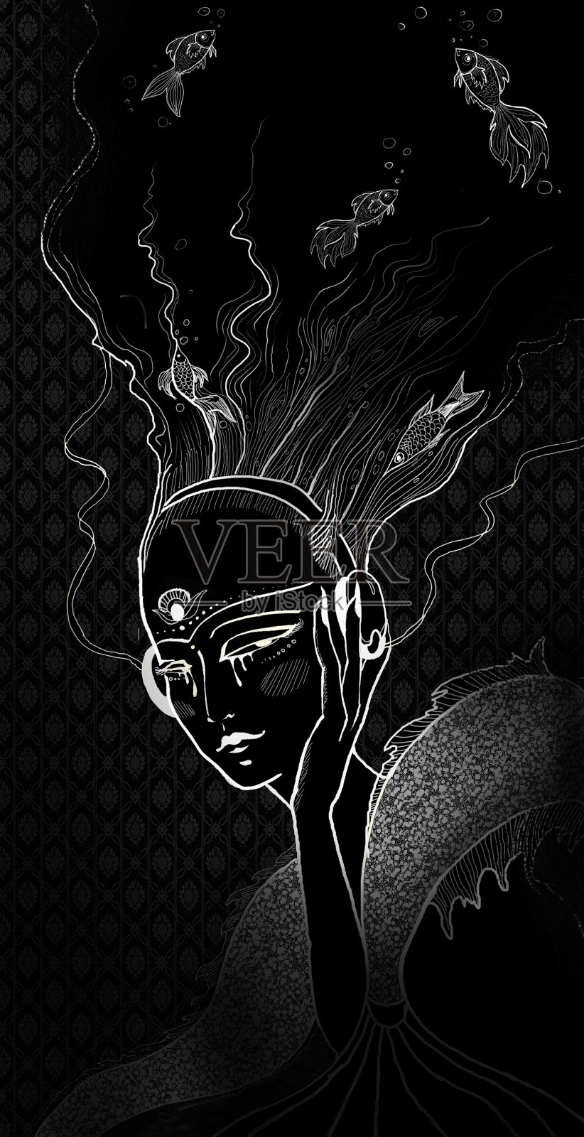 女孩在听音乐。一个女孩和一条鱼的肖像。美人鱼。插画图片素材