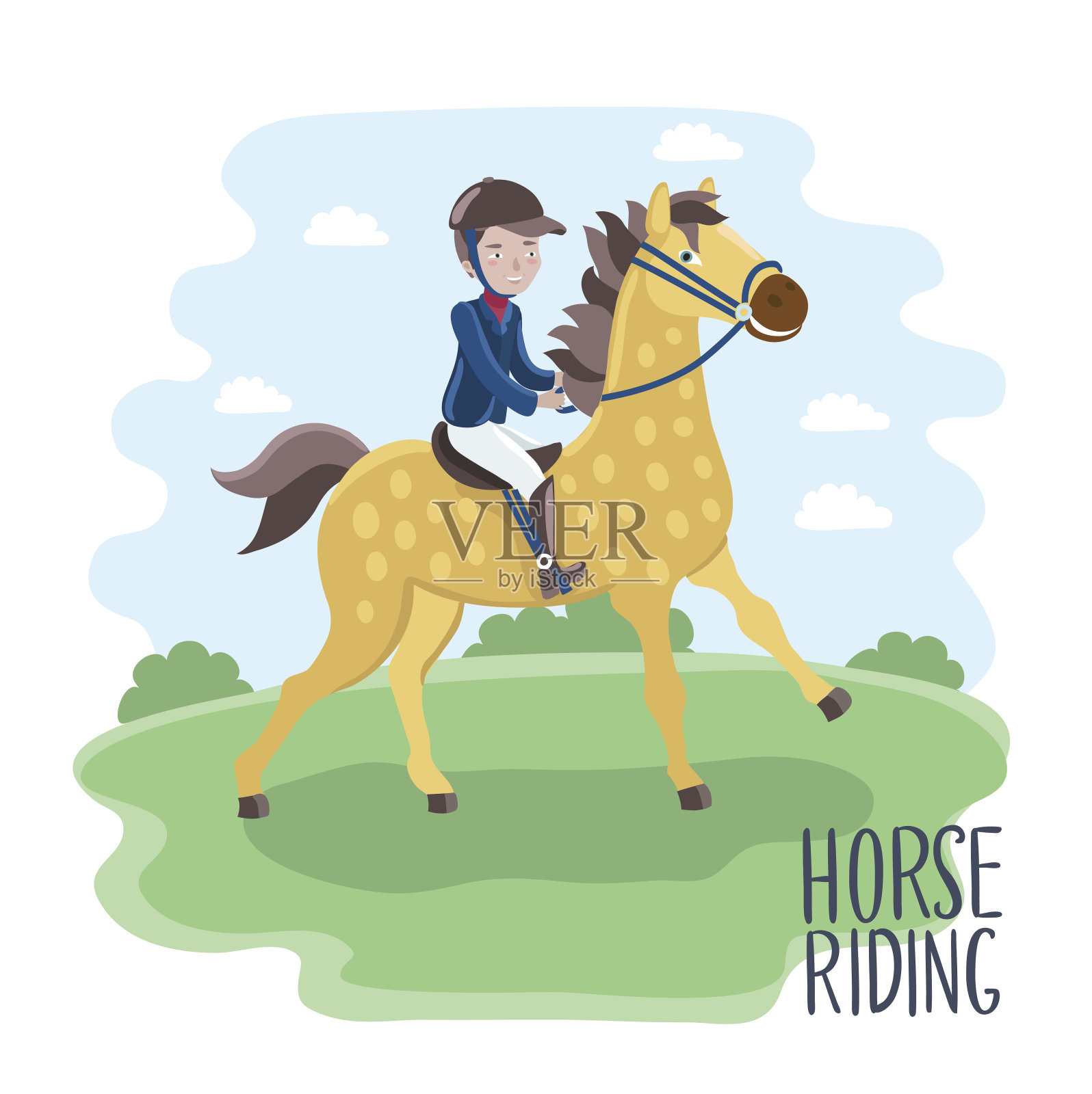 卡通男孩骑在马上插画图片素材