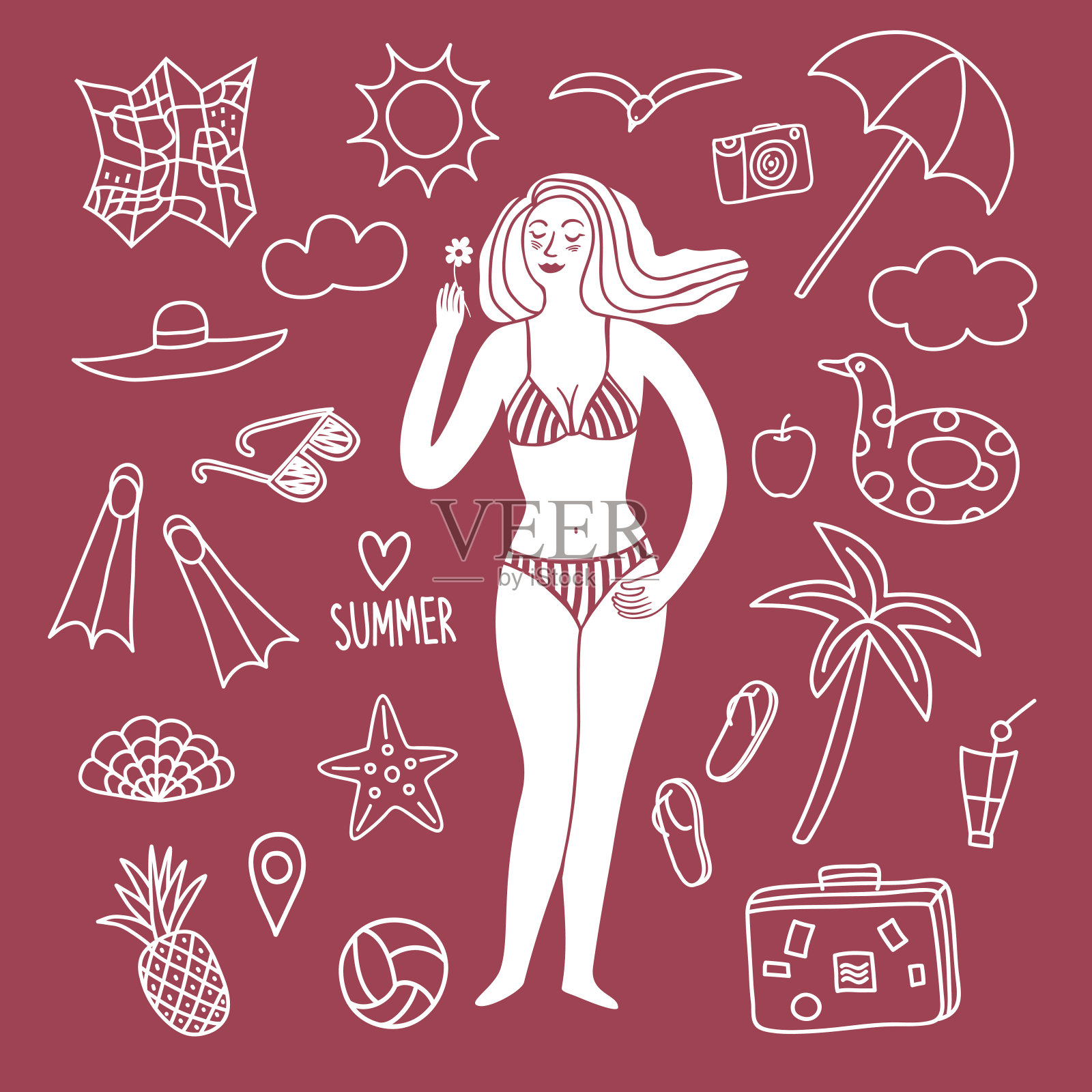 暑假女人和涂鸦插图集插画图片素材