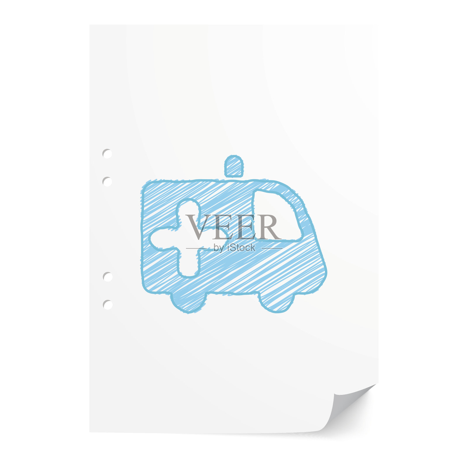 蓝色手绘救护车插图在白纸与设计元素图片