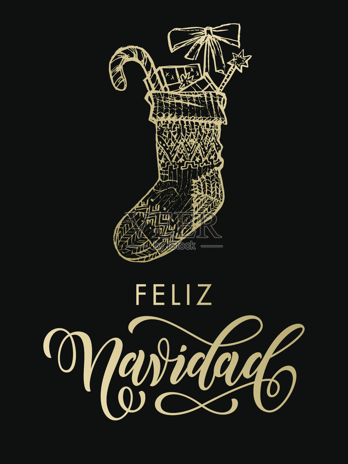 西班牙圣诞快乐，金色闪光的长袜插画图片素材
