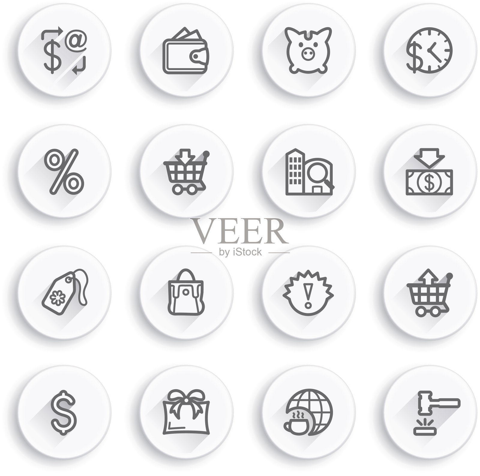 商业平面轮廓图标上的白色按钮。图标素材