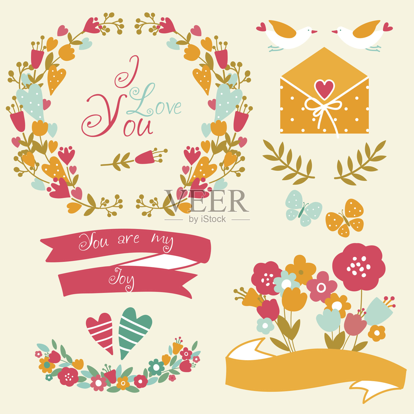 由心、花和鸟组成的浪漫向量集插画图片素材