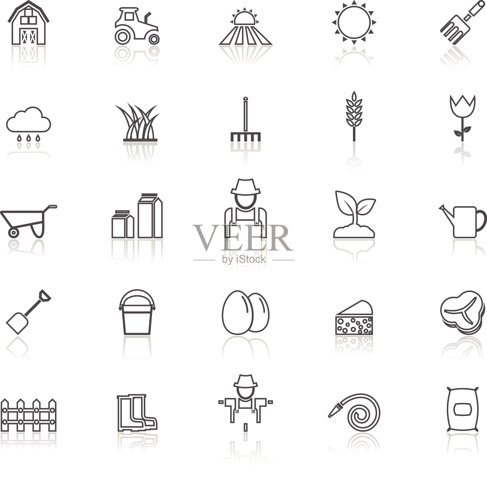 农业线图标与反射在白色图标素材