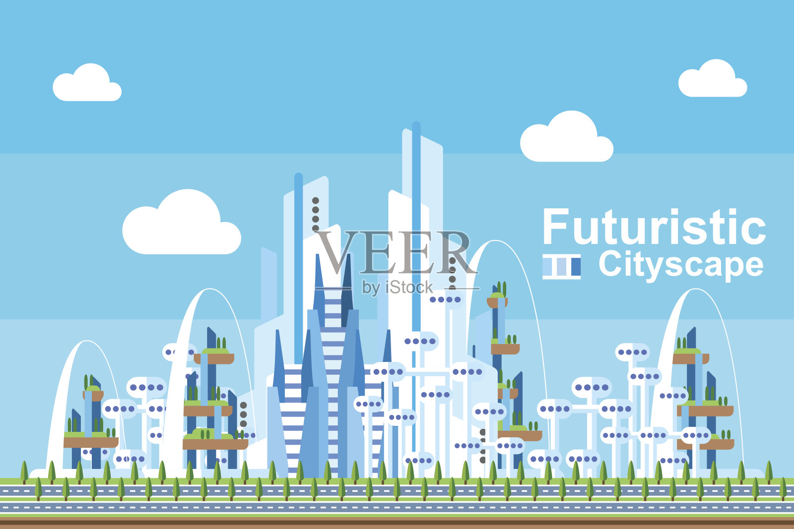 平坦的未来城市景观-蓝色插画图片素材