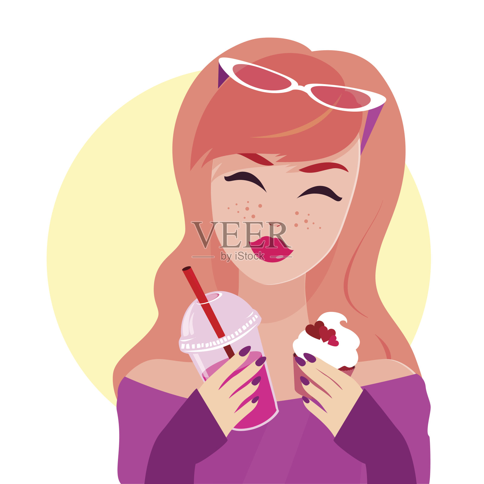 拿着纸杯蛋糕和奶茶的女人插画图片素材