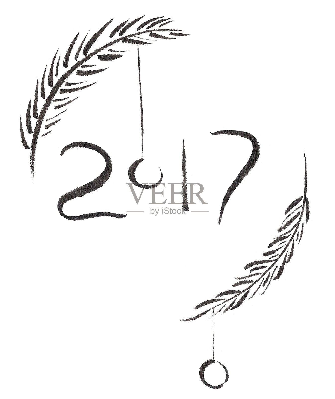 新年用云杉树枝做黑墨水的标志照片摄影图片