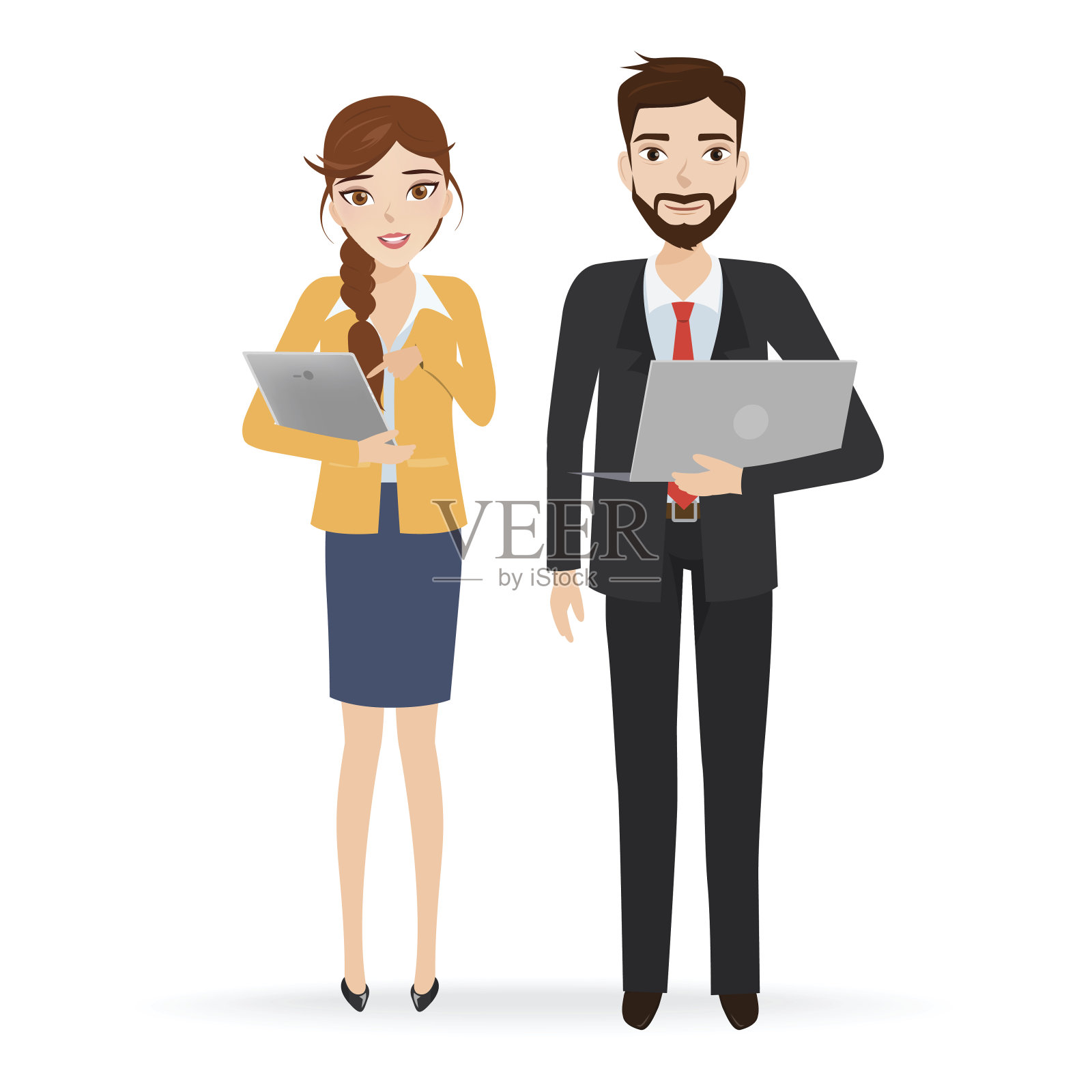 年轻的商业女性拿着平板电脑和商人。插画图片素材