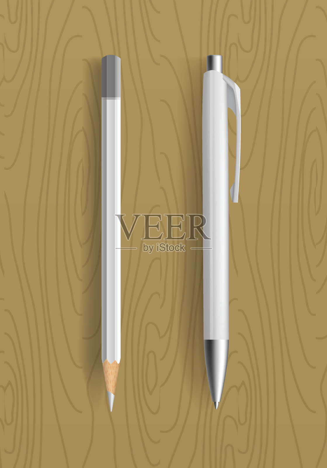 白色的铅笔和钢笔放在木桌上设计元素图片