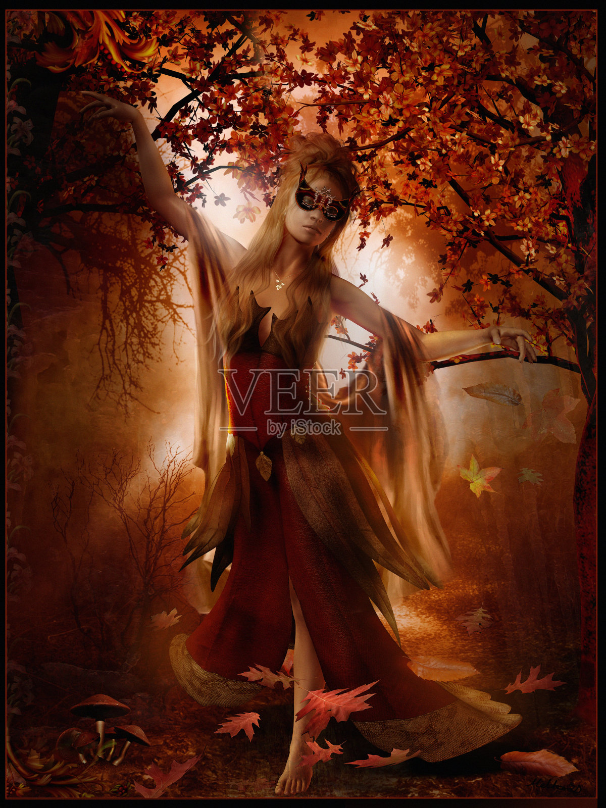 秋色伴着舞女插画图片素材