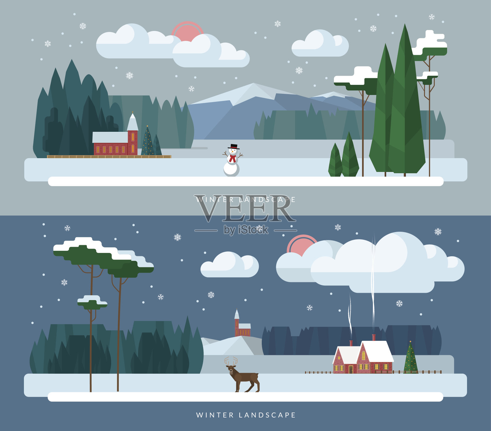 冬季景观背景设置在平面风格插画图片素材