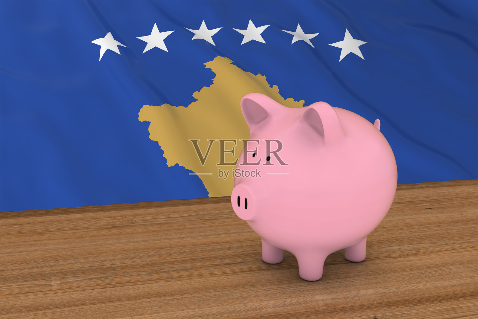 科索沃金融概念- Piggybank在科索沃国旗前照片摄影图片