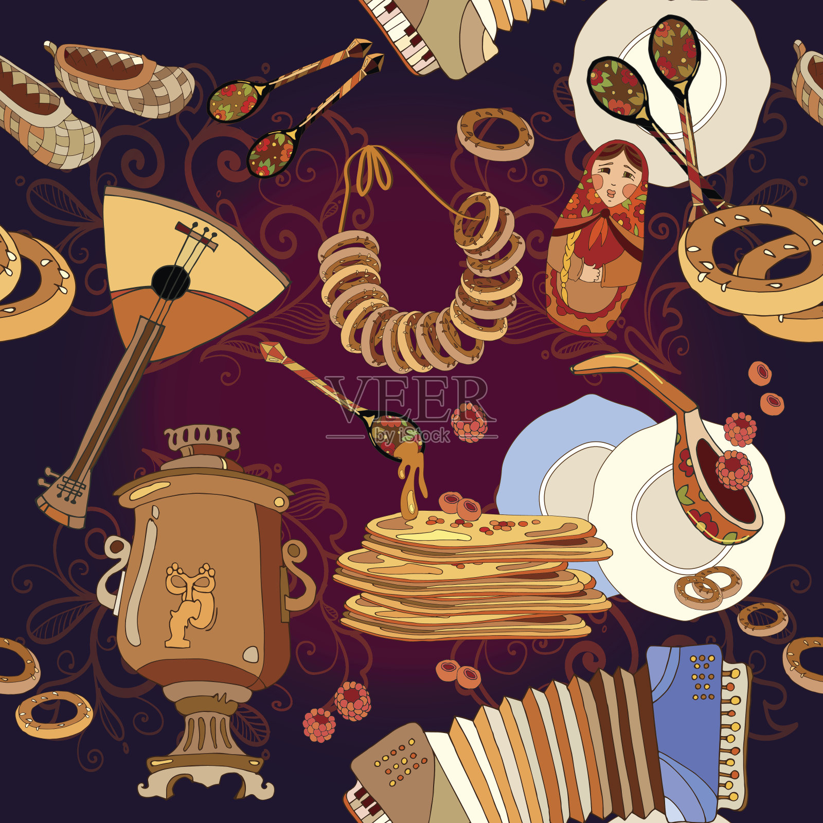 俄罗斯美食无缝图案，煎饼，茶炊，三弦琴插画图片素材